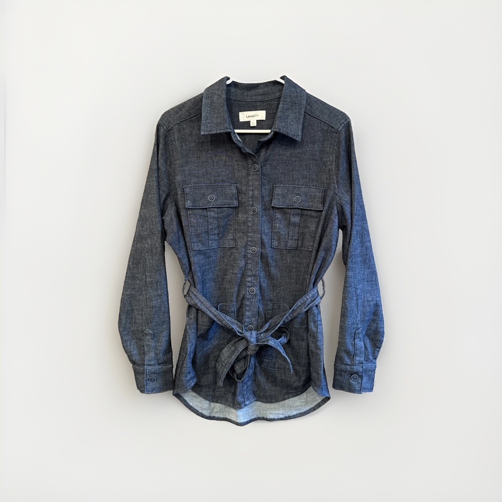 Level 99 EVEREVE EMME BELTED DENIM BLUE SHACKET JACKET Large MSRP $158 EUC